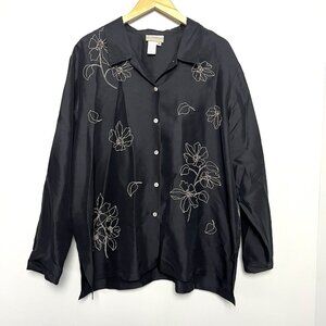 Women’s Coldwater Creek Black Silk Blouse sz XXL Embrpidered Beaded Quiet Luxury